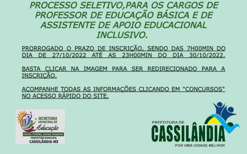 Processo Seletivo, para Professor de Educação Básica e de Assistente de Apoio Educacional Inclusivo.